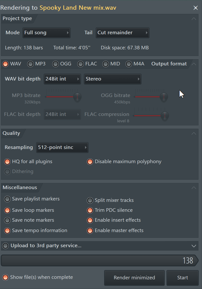 Fenêtre d'export du DAW avec les réglages recommandés