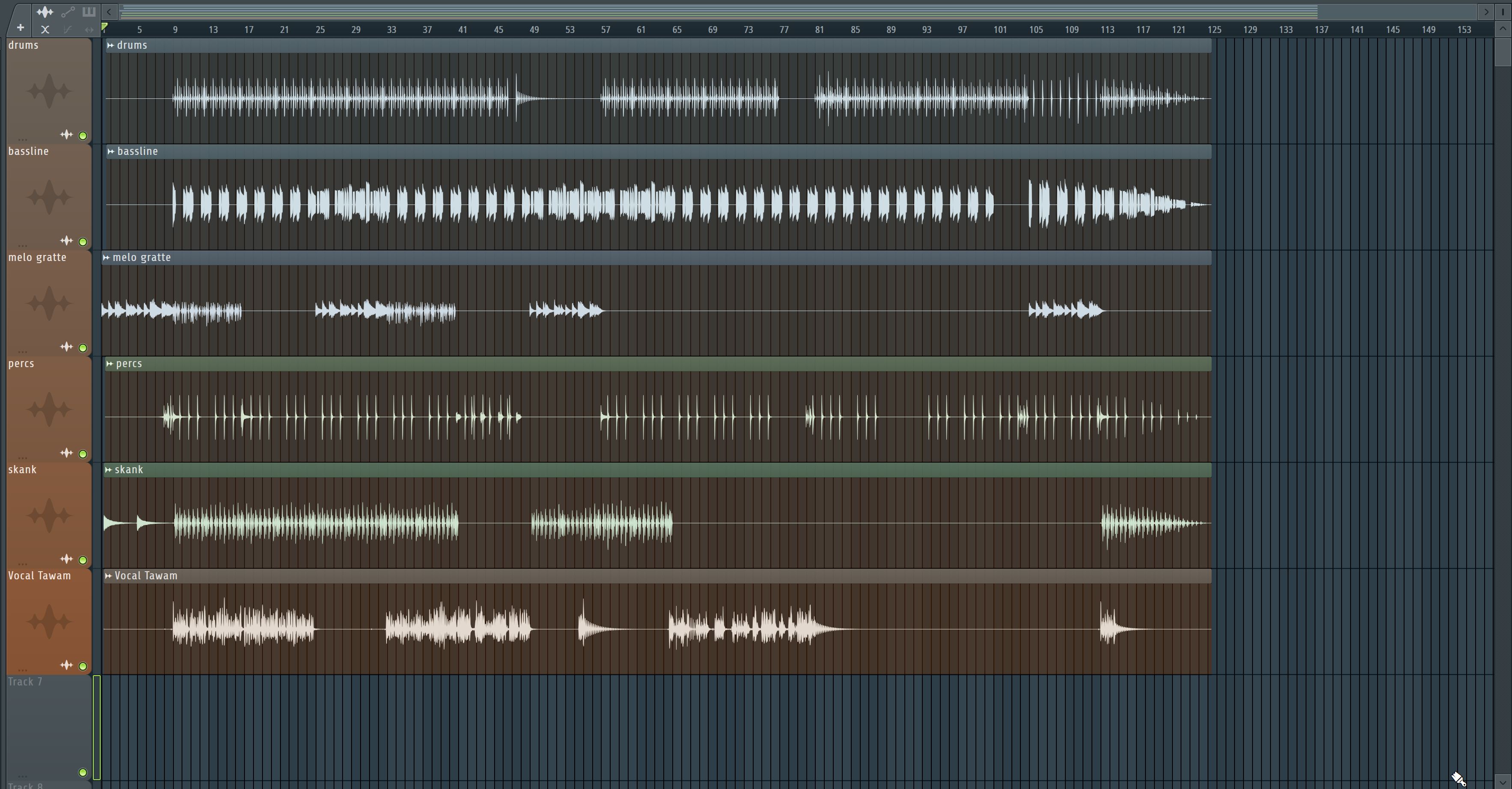 Stems séparés dans un DAW : drums, bass, vocals, instruments